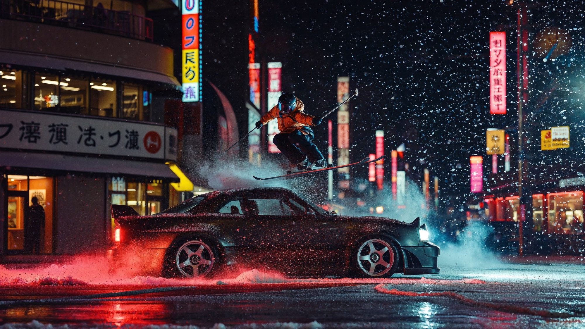 Skier jumping over a drift car in a neon-lit Tokyo street at night