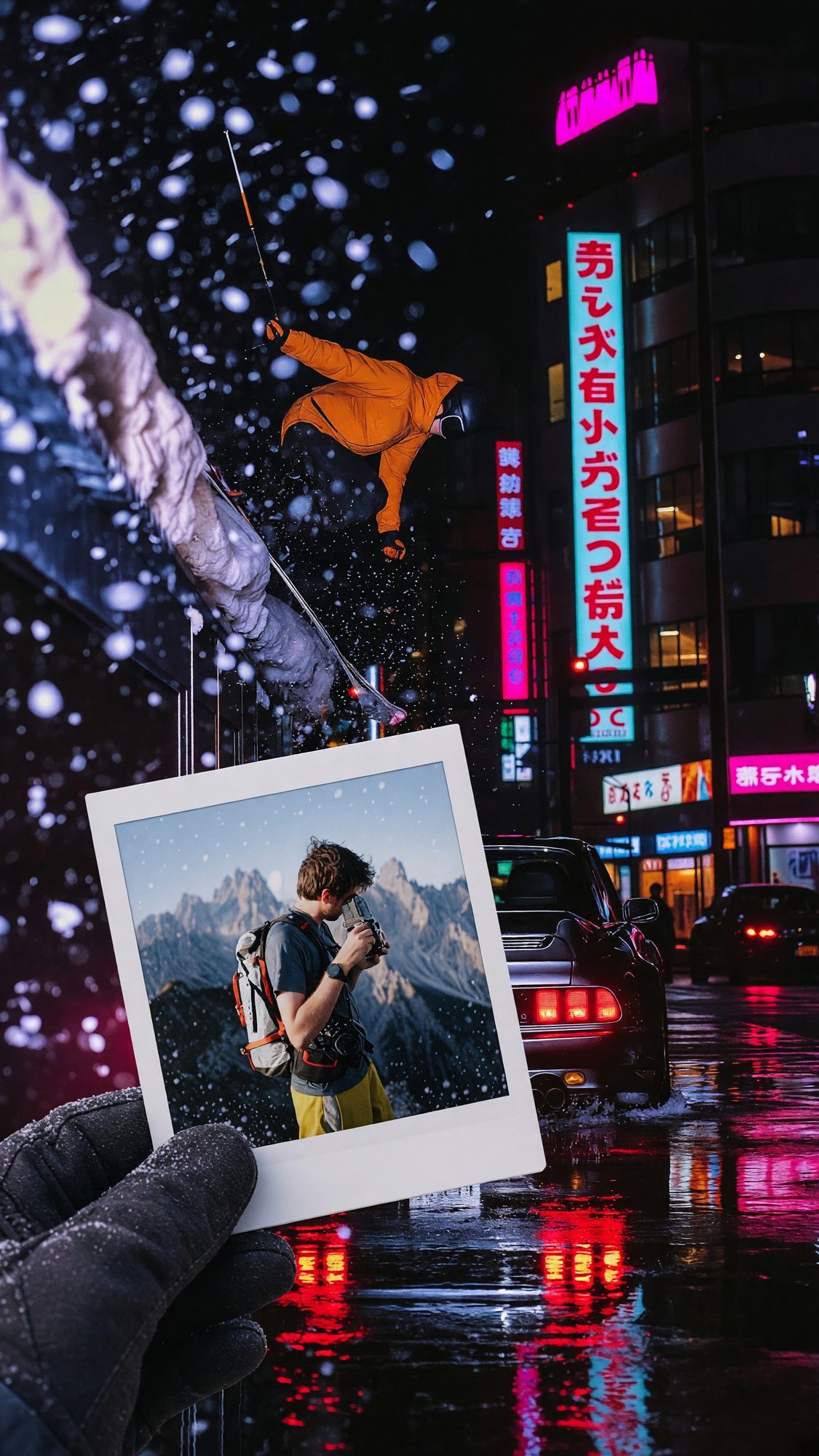 A polaroid of a photographer in the mountains held up against a neon Tokyo street